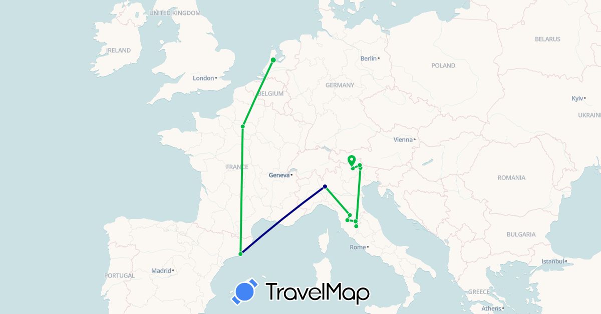 TravelMap itinerary: driving, bus in Spain, France, Italy, Netherlands (Europe)